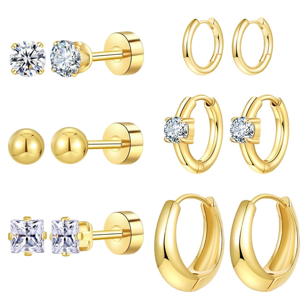 Stainless Steel Gold/Silver Plated Hoop Earrings for Women, Hypoallergenic 14k Gold Hoops Huggie Earrings Lightweight Cartilage Small CZ Ball Flatback Studs Earring Pack for Multiple Piercing